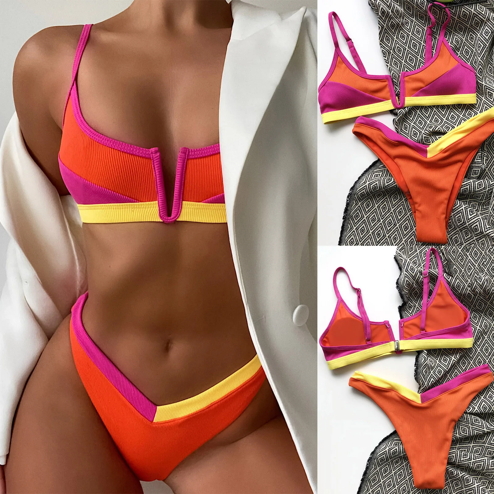 

Women's Bikini Patchwork Set Swimsuit Two Piece Filled Bra Swimwear Beachwear Push-up Sexy Micro Bikinis Set for Bathing Suit
