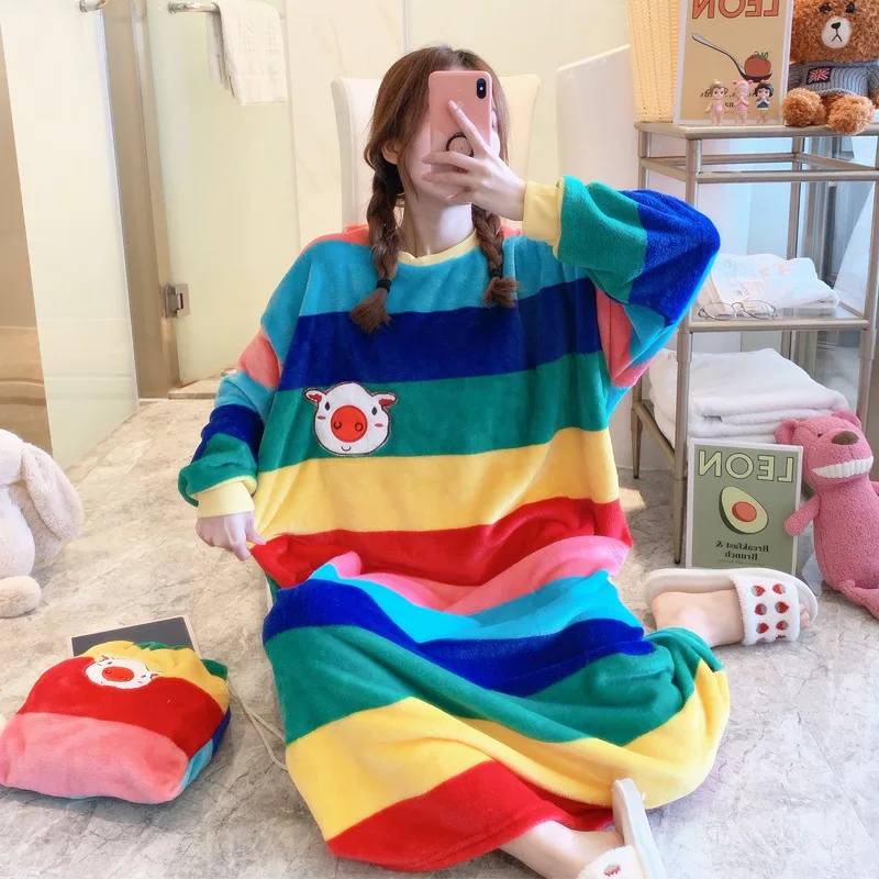 Long Women Nightgowns Winter Velvet Dress Sleepwear Thick Nighties Cute Homewear Flannel Pajamas Strawberry Duck Avocado