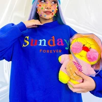 sundays forever rainbow letters embroidery printing blue vintage sweatshirts loose thick crewneck fleece women casual pullover