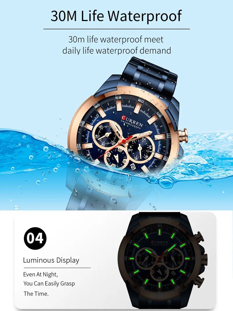 CURREN модные мужские наручные часы водонепроницаемые с хронографом военные лучший