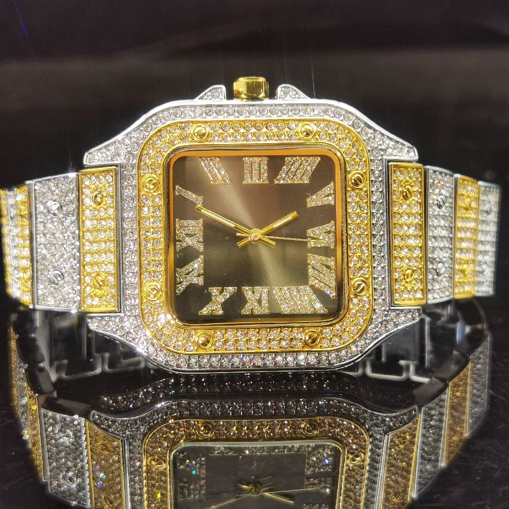 

MISSFOX Brown Dial Square Watch Man Diamond Gold And Silver Watches Quartz Men Luxury Outdoor Reloj De Hombre Stainless Steel