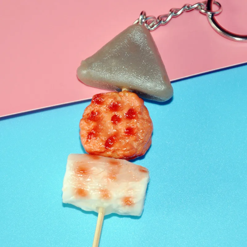 

2020 New PVC Fake Barbecue Skewer Simulation Squid Must Gluten Oden Keychain ring Small Pendant Gluten Kanto Boiled Key ring