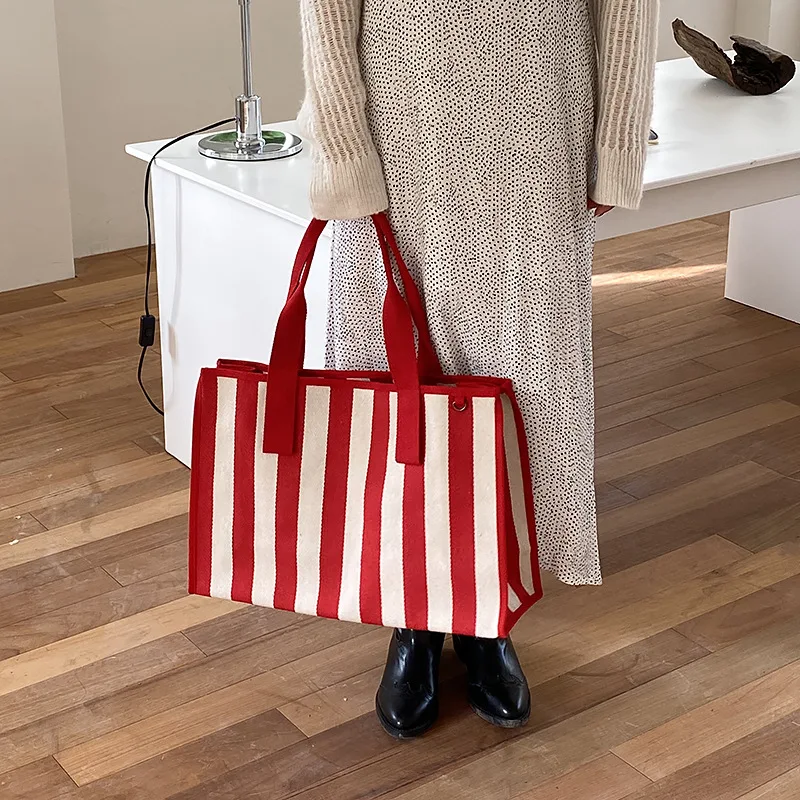 

Women Waterproof Stripe Eco Shopping Bag Canvas Reusable Large Capacity Shoulder Bags Mummy Handbag