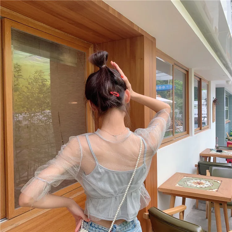 

Korean Women's Clothing Crop Top Blouses Mesh Lace Blusas Mujer De Moda Summer Perspective Tops Sweet Style Ladies Shirts New