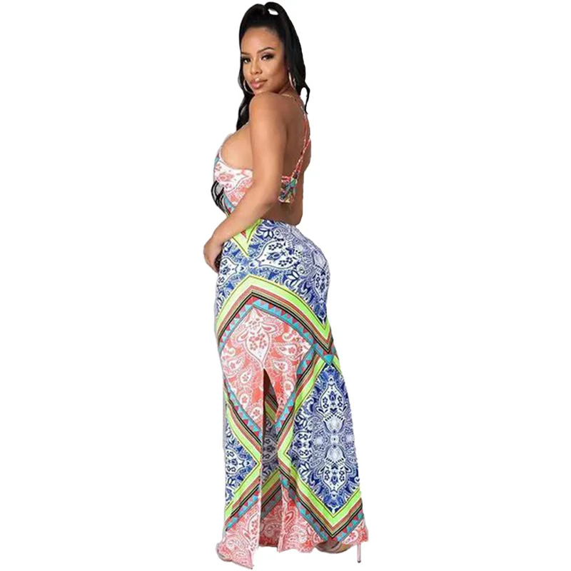 

RStylish Women Vintage Print Strappy 2021 Summer Cross Back Side Slit Sleeveless Halter Evening Party Maxi Dress