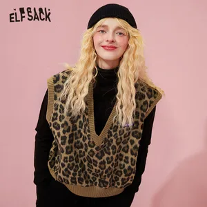 Вязаный жаккардовый пуловер ELFSACK с леопардовым принтом, Женский Повседневный свитер, жилет, корейский Повседневный винтажный Топ без рукавов с V-образным вырезом, зима 2020