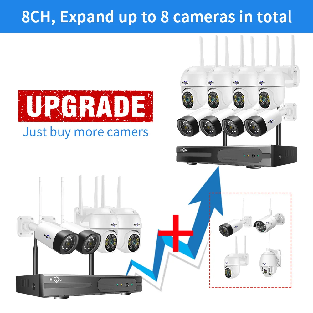 hiseeu wireless 8ch 4pcs 3mp two way audio security ptz 5x digital zoom outdoor bullet wifi ip cameras waterproof cctv kit free global shipping