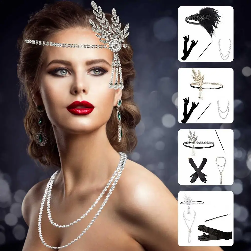 3Pack Women Great Gatsby Party Costume Accessories Set Retro 1920s Flapper Accessories Feather Headband Gloves Cigarette Holder