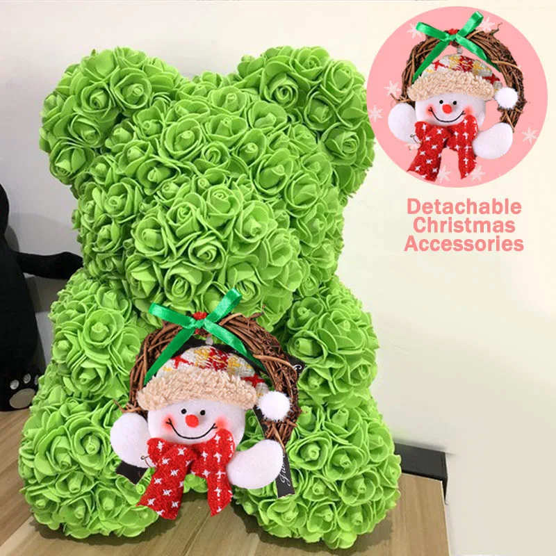 Green 40cm Christmas Gift 40cm Red Bear Rose Artificial Soap Roses Teddi Bear Eternal Flower Valentine Garland Gift Girl Friend Snowman - Цвет: Green 40cm