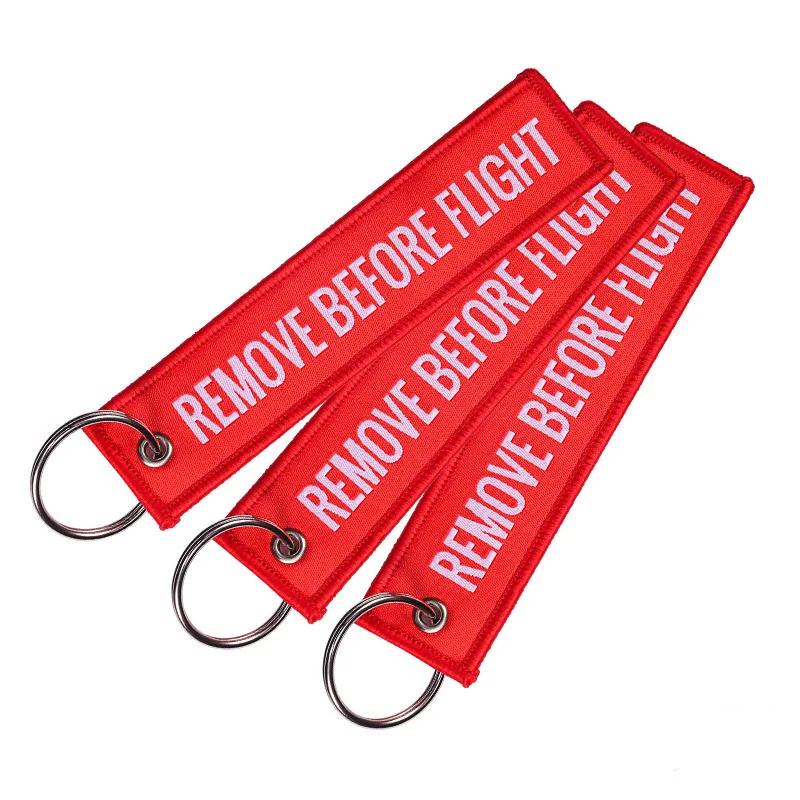 

1 PC 13*3CM Fashion Remove Before Flight Tags Keychain Keyring Rectangle Embroidery Message Multicolor Aviation Gifts