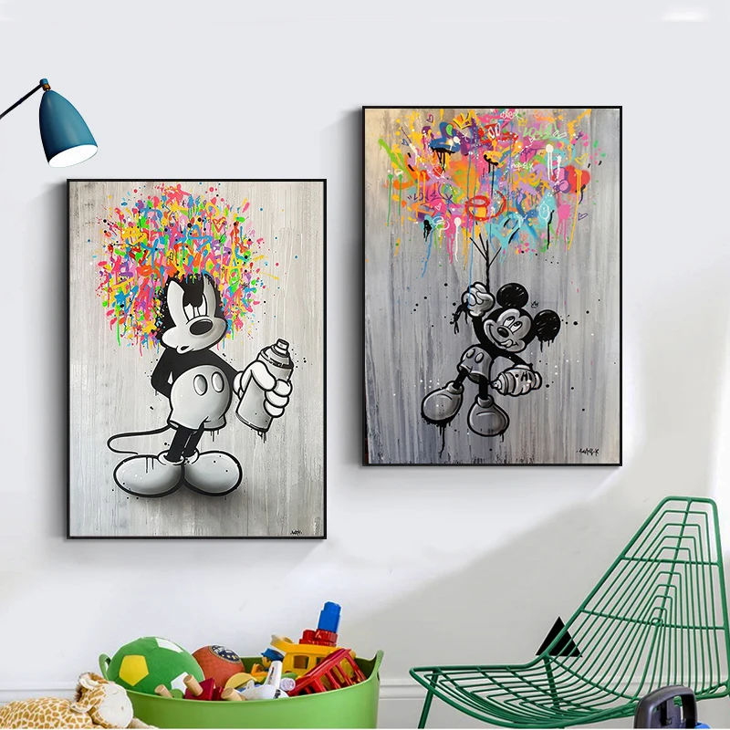 Disney с Микки Маусом мышь граффити холст рисунки постер черный белый цвет