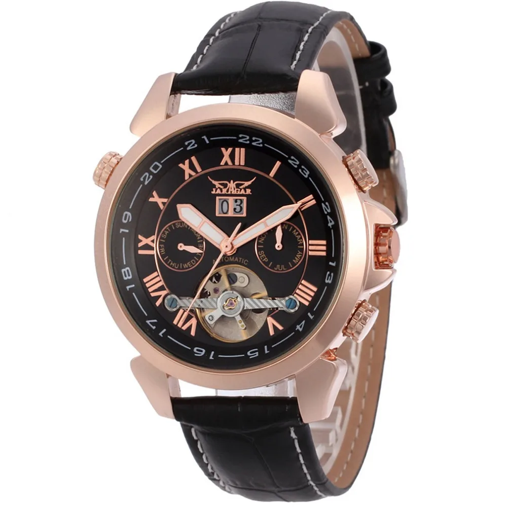 Rose Gold Case Black Модные JARAGAR, мужские Брендовые Часы, дата, кожа, Tourbillon, маховик, авто механические мужские часы, наручные часы, подарочная коробка - Цвет: Rose Gold Case Black