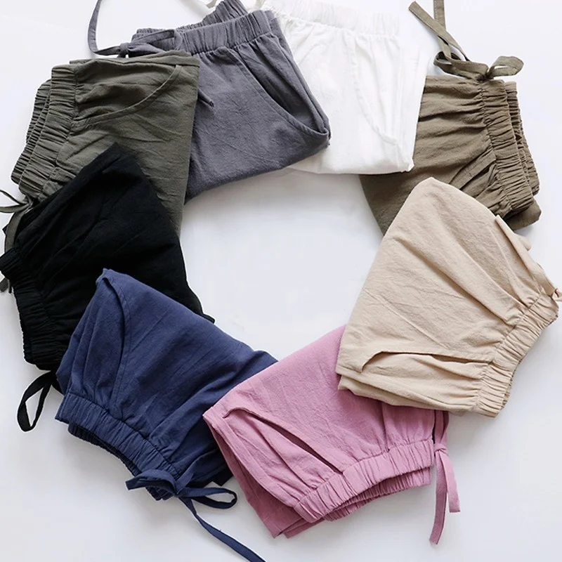 

LIBERJOG Women Casual Shorts Cotton And Linen Blend Loose Summer Drawstring Solid Multi-size Wide Leg Biker Vintage Shorts
