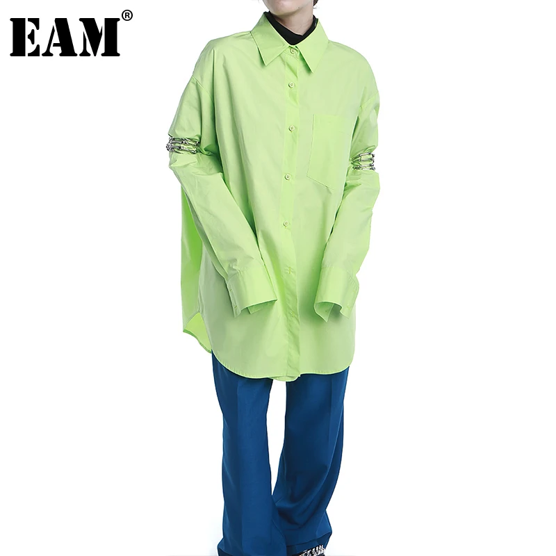 

[EAM] женская зеленая короткая длинная блузка большого размера с карманами, новая свободная рубашка с отворотом и длинным рукавом, модная дем...