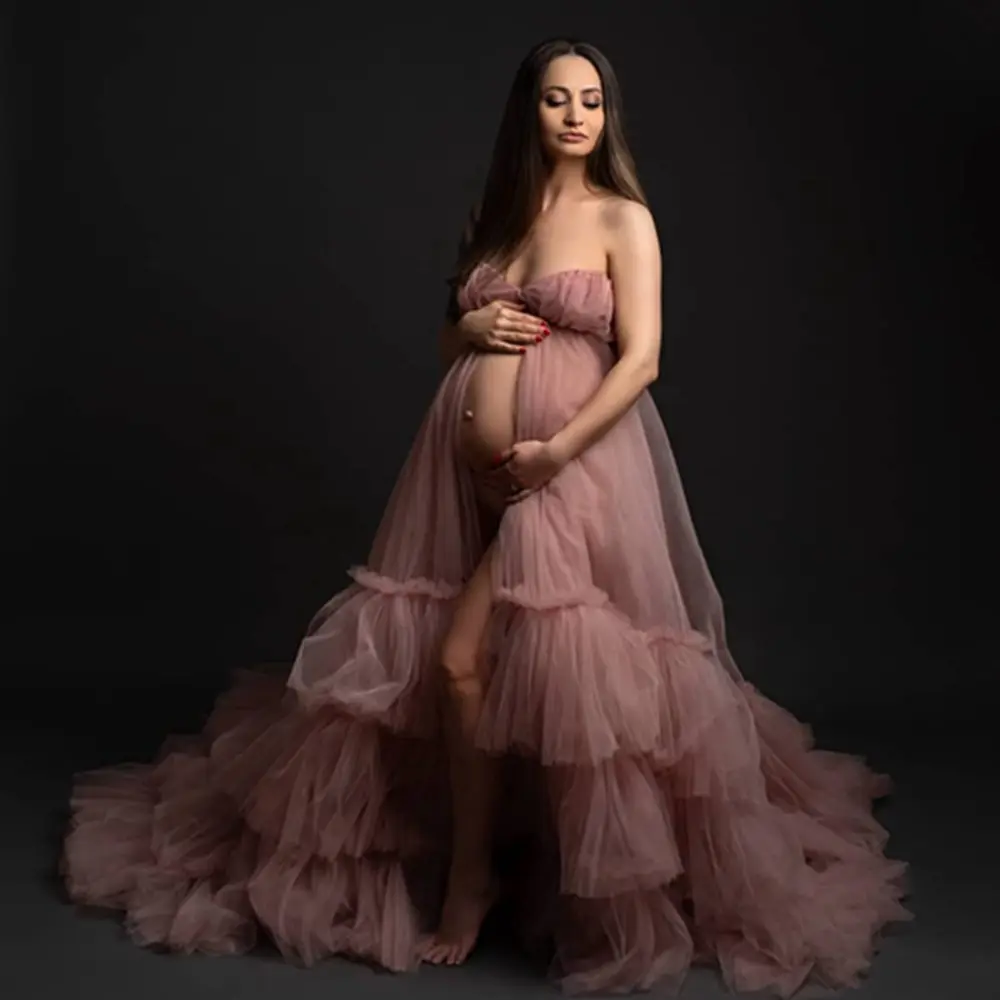 Dreamlike Blush Pink Mesh Pregnant Women Dresses Strapless Ruffles Tiered Tulle Maternity Gowns To Photo Shoot Custom Made