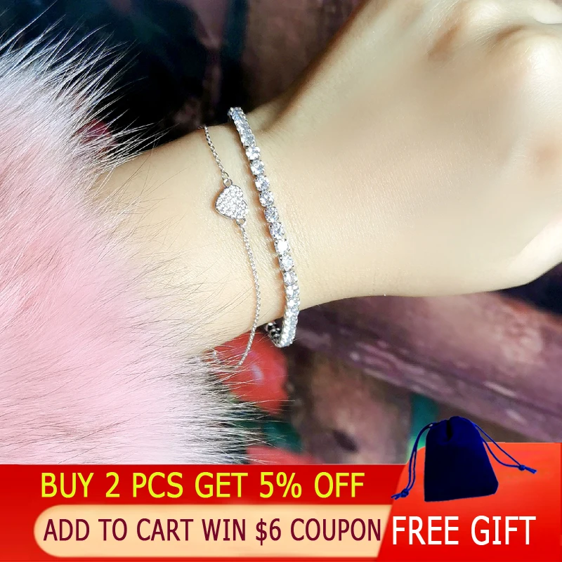 Женский винтажный браслет цепочка LEEKER Серебристый с кристаллами в форме сердца