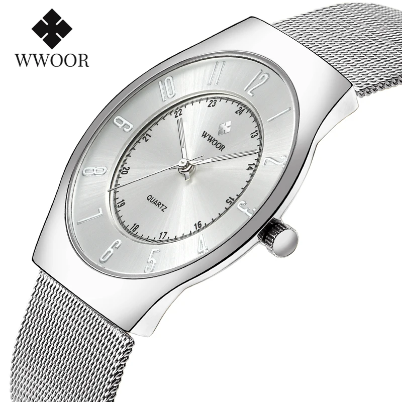 

WWOOR Mens Watches Luxury Gold Ultra thin Clock Male Steel Mesh Arabic Waterproof Quartz Watch Men Sport Wristwatch Reloj Hombre