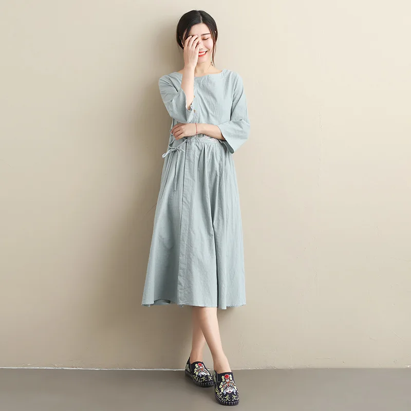 

Blue Elegant Temperament Cotton Women's Clothing Embroidered Drawstring Waist Literary Dress, Chinese Style Women's Clothing