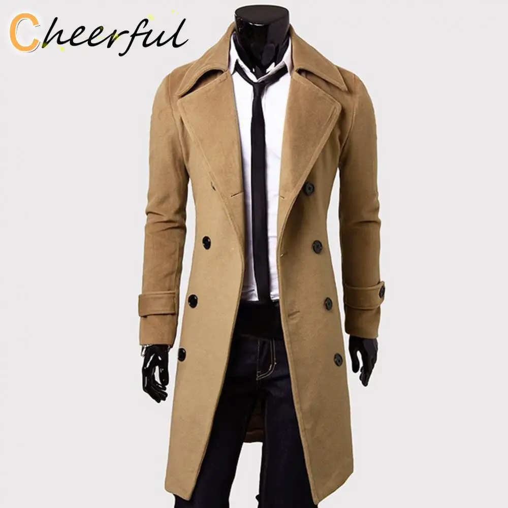 

Модное мужское однотонное пальто с длинным рукавом, отворотом и пуговицами, приталенное пальто, шерстяная верхняя одежда