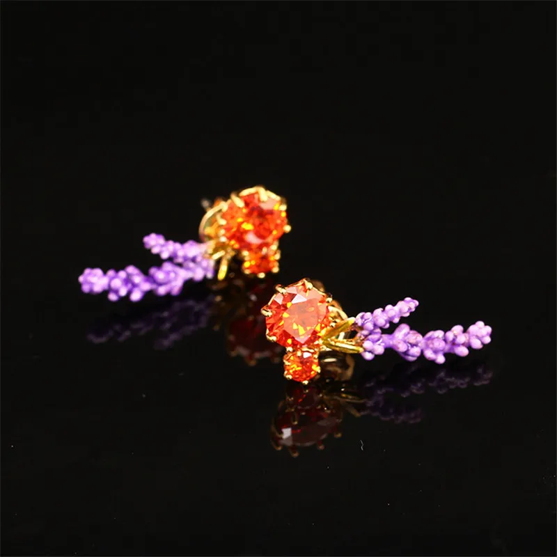 

European and American Fashion Trend Temperament Forest Plant Breath New Listing Enamel Glaze Lavender Earrings Stud Earrings