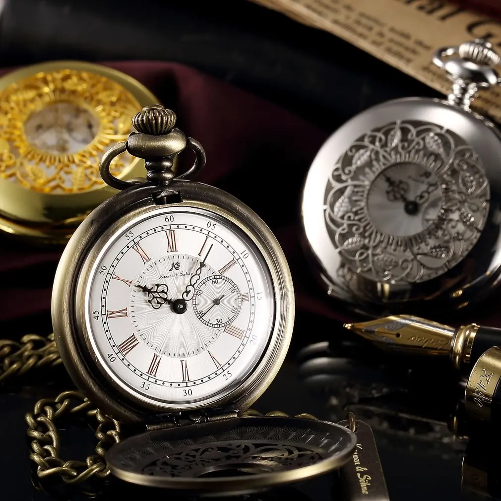 

KS Retro Silver Roman Numerals Hollow Craft Hunter Japan Movement Quartz Analog Male Clock Long Chain Men Pocket Watches /KSP051