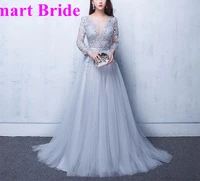 v neck lace prom dresses with long sleeves tulle a line formal party gowns 2020 corset back bridal gowns for women sts12