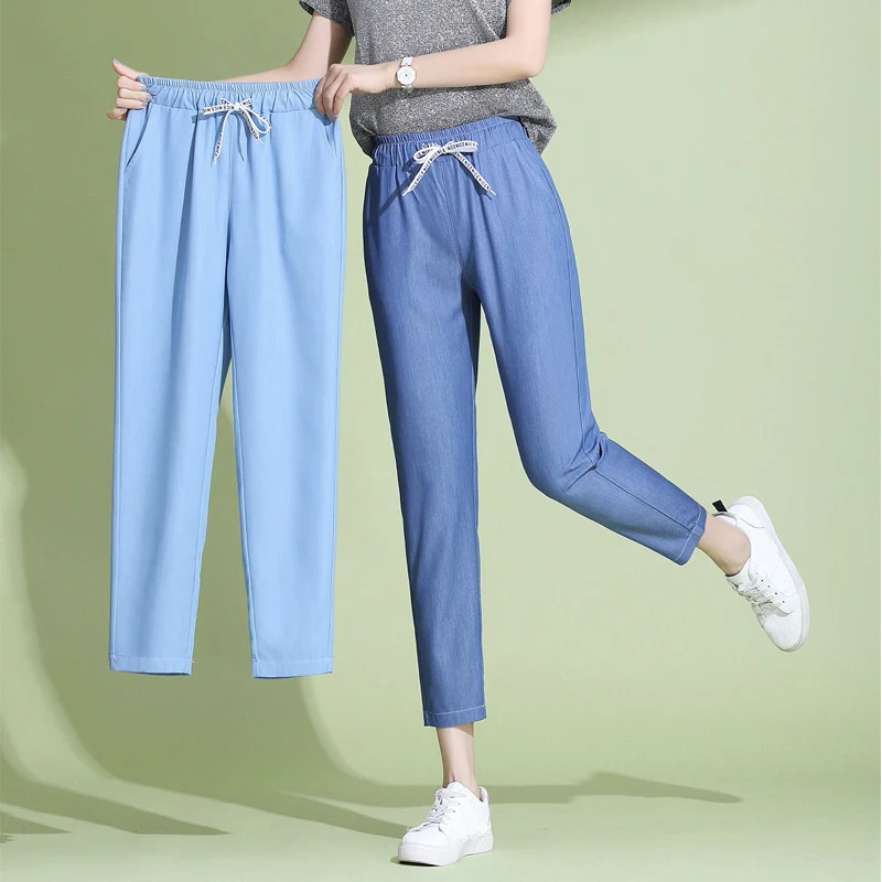 Женские джинсовые брюки Tencel синие повседневные для девочек летние облегающие