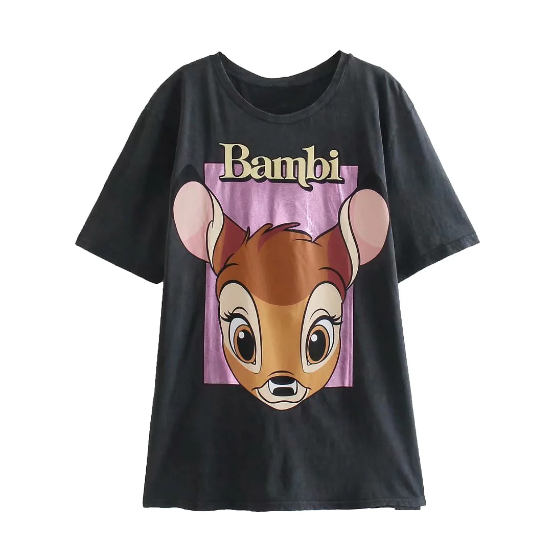 

Disney European and American style women's fashion fashion versatile short sleeve Bambi cartoon printed cotton T-shirt