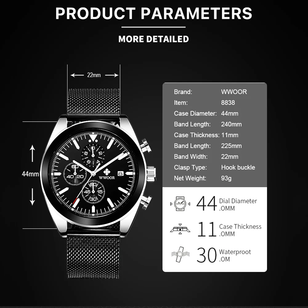 Мужские спортивные часы WWOOR 2021 черные роскошные ведущей марки в стиле милитари со