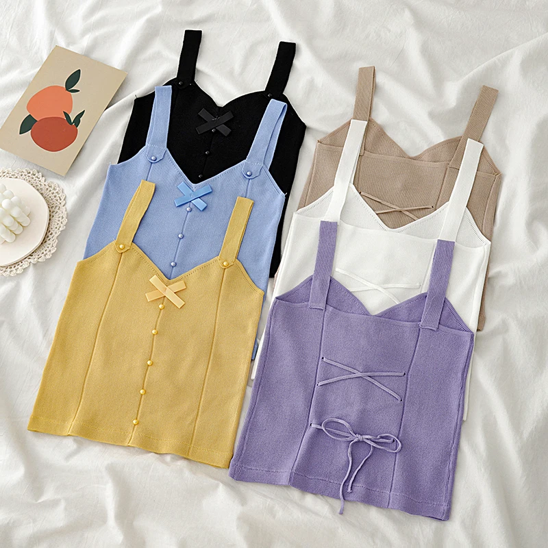 

Girls Crop Tops Women Fashion High Stretch Knitwear T-shirts Korean Back Bowknot V-neck Straps Sling Sweater Tank Top haut femme