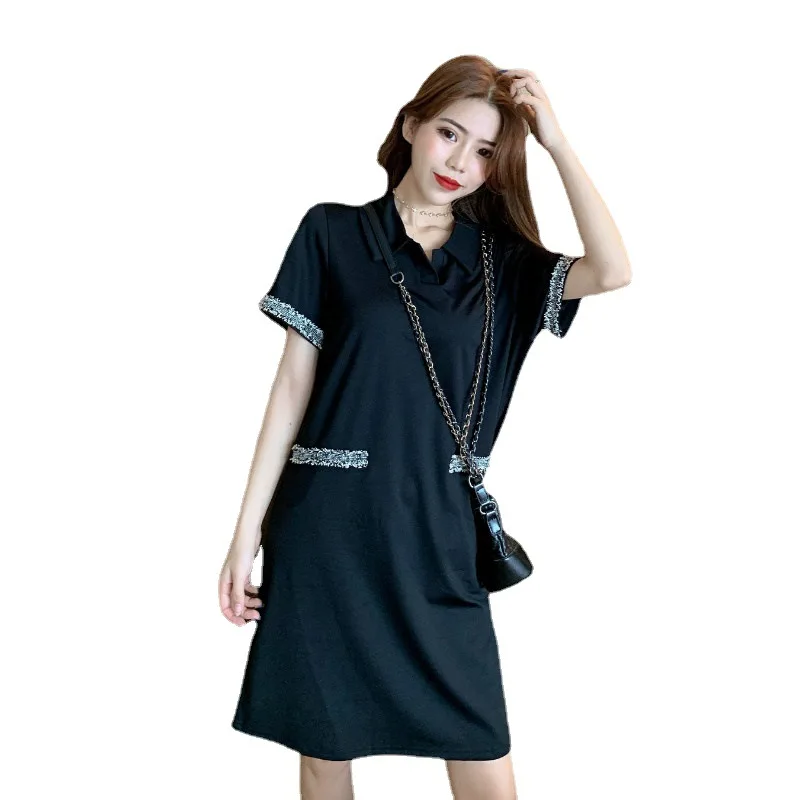 

2021 Summer New Korean Short Sleeve Medium Length Dress Shows Thin Polo Collar Black Dress Cover Dresses Women