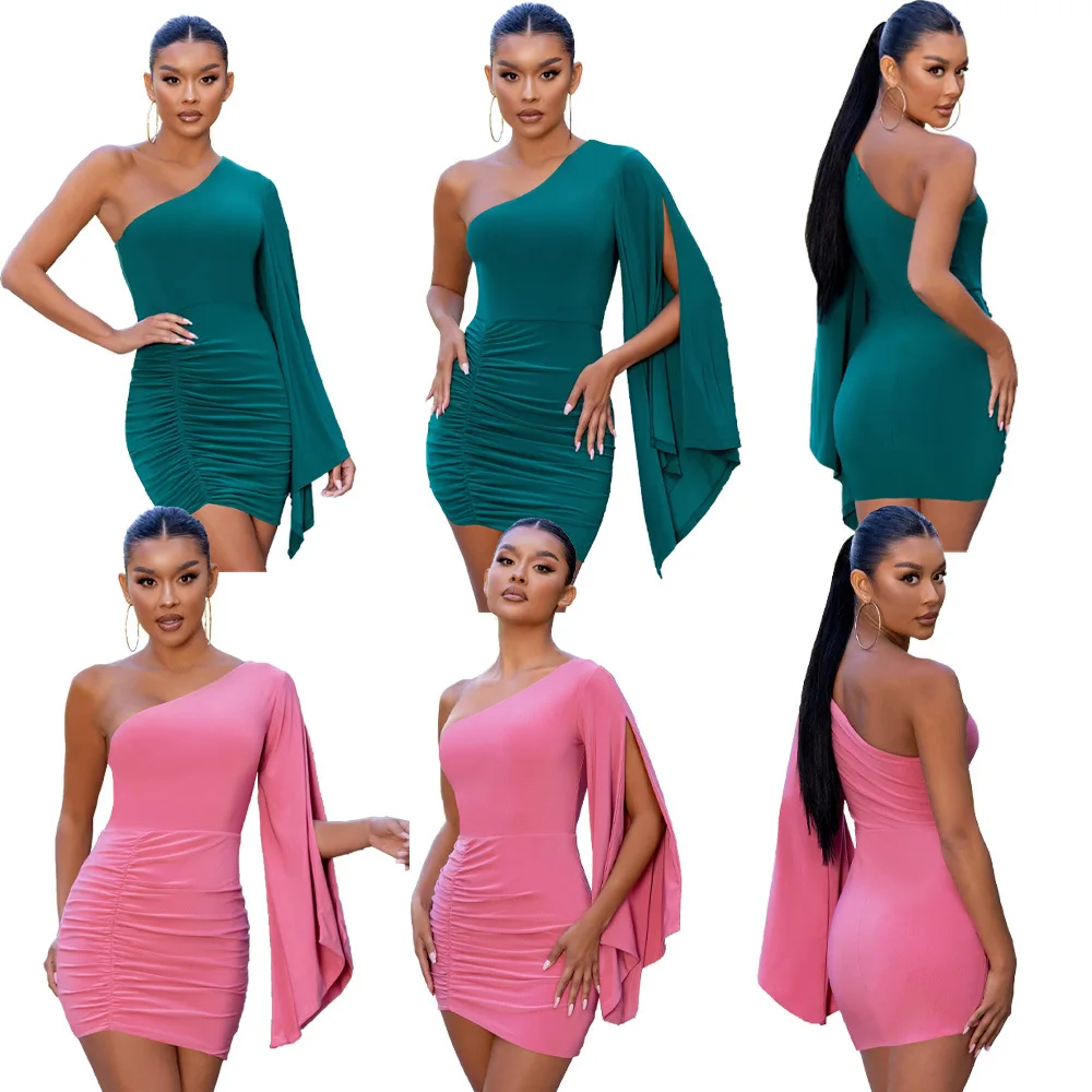 

Dresses Woman Summer 2021 Women Latest Sexy One Shoulder Green Folds Irregular Temperament Commuter Fairy Skirt