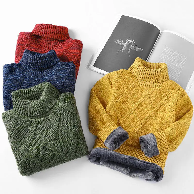 

2021 Spring Autumn Kids Sweater Fashion Toddler Boys Thick Knitted Bottoming Turtleneck Shirt Plus Velvet Pullover Sweater W326