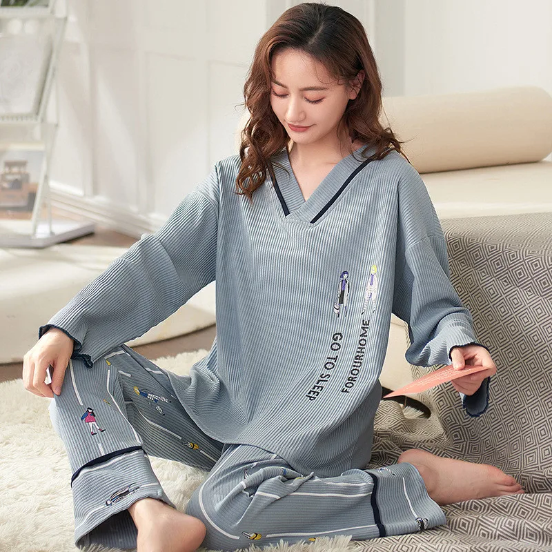 

5XL Letter Women Pajamas Trousers Set New 100% Cotton Sleepwear Female Long Sleeve Winter Pyjamas Suit M-4XL Pijama Feminino