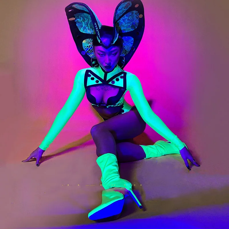 Сценические костюмы для ночного клуба бара женское ФЛУОРЕСЦЕНТНОЕ боди певицы