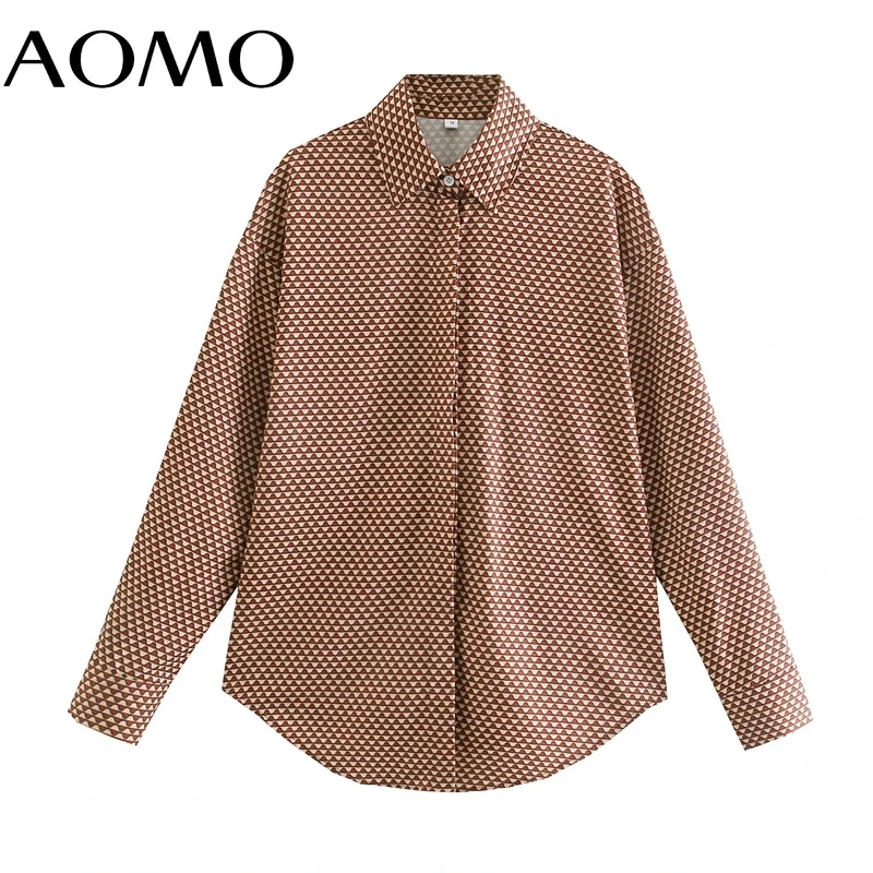 

AOMO Women Vintage Geometry Rint Shirt Long Sleeve 2021 Chic Female High Street Loose Shirt 8Y91A