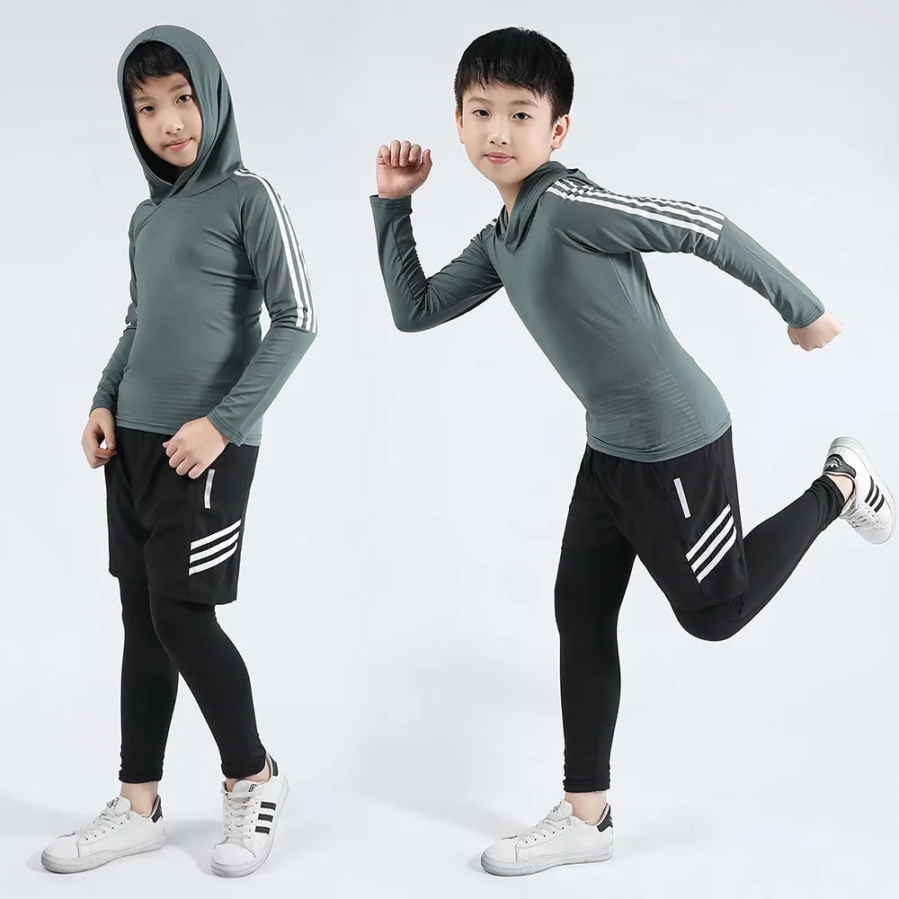 3 piece set - hat Детский боксерский компрессионный комплект, Джерси+ штаны, Детские баскетбольные майки для бега, плотные штаны, спортивная одежда для подростков Рашгард MMA - Цвет: 3 piece set - hat