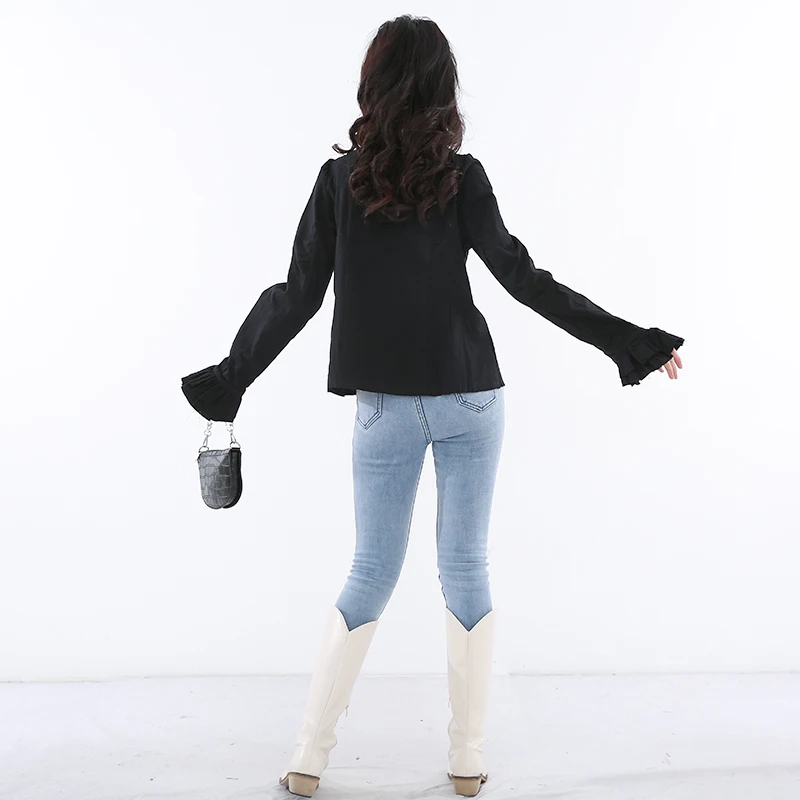 

[EAM] Women Black Ruffles Temperament Blouse New Stand Collar Long Sleeve Loose Shirt Fashion Spring Autumn 2021 1DB19601