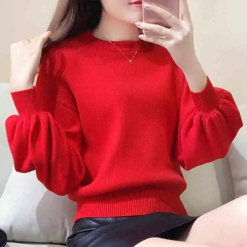 

Red Sweater Women's Loose 2022 Spring And Autumn Clothing Korean Version Of The Base Shirt Shirt Lantern Sleeve Sweater Short