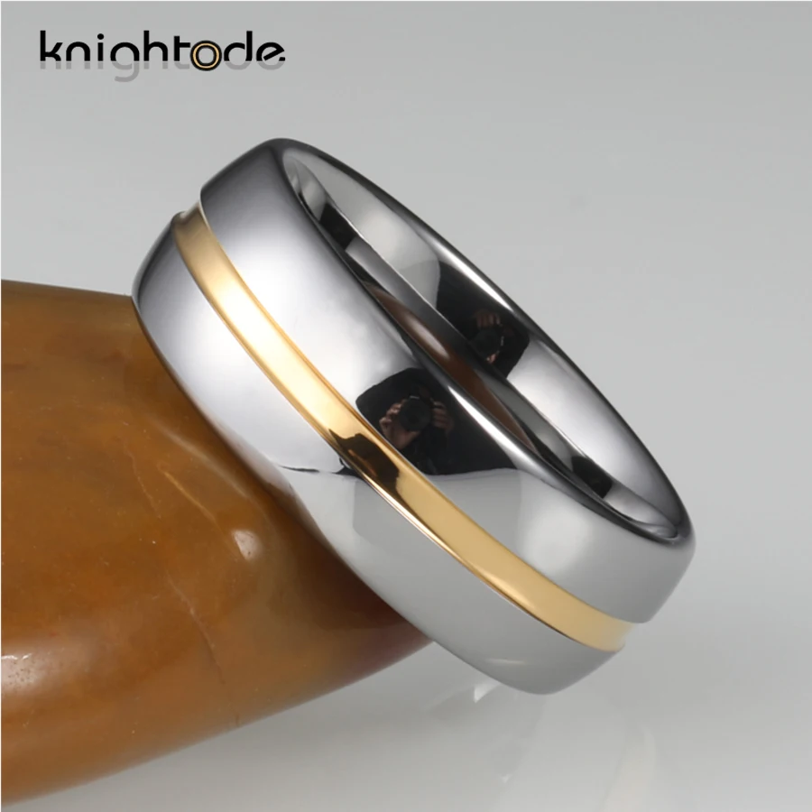 Золотой цвет Рифленое кольцо из карбида вольфрама купольное серебристое