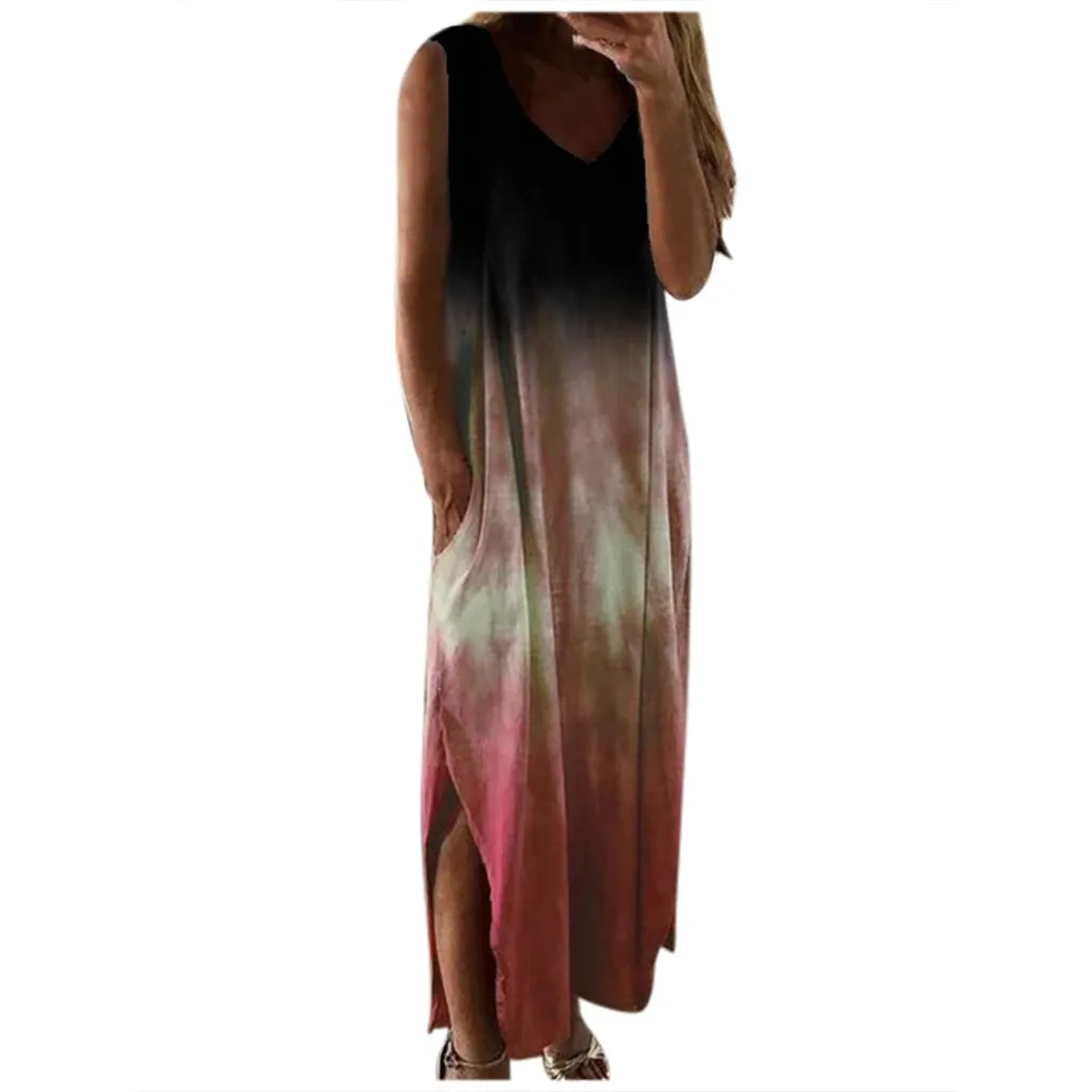 

Vintage Summer Dresses Tie-dye Print Long Dress For Women Sleeveless V-neck Pocket Maxi Dresses Loose Beach Holiday Sundress