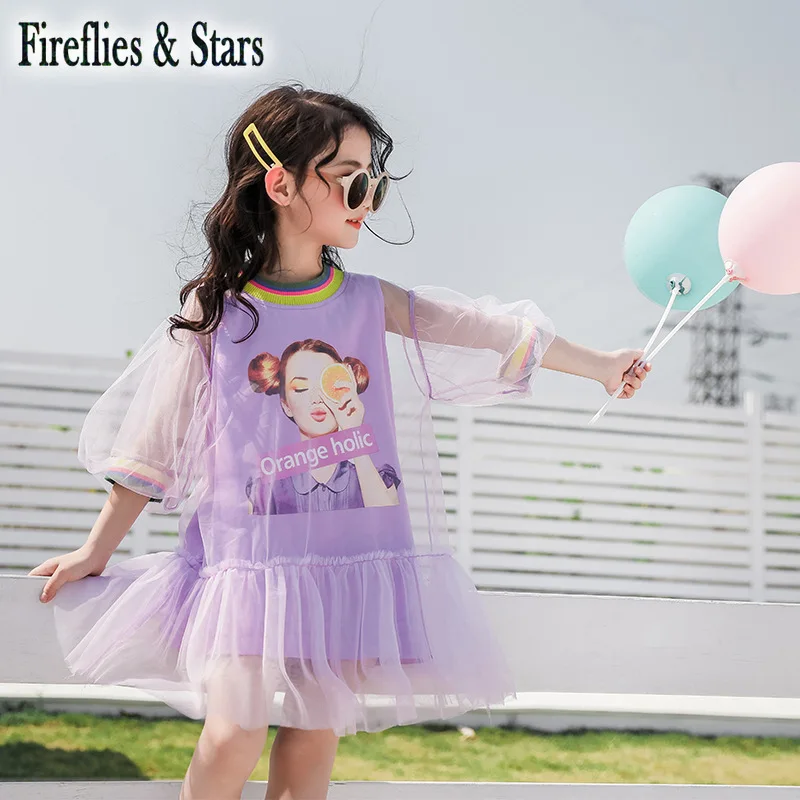Summer girls dress baby kids streetwear Children vestidos Europe girl puff sleeve mesh cape rainbow rib 4 to 14 yrs | Детская одежда и