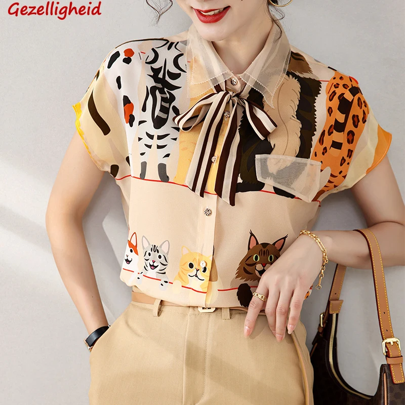 

Gezelligheid Blouses For Women 2021 French Fashion Summer Elegant Printed Short Sleeve Loose Bow 100% Natural Silk Shirt Tops