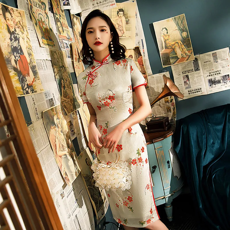 

Элегантный тонкий Цветочный принт Qipao новый китайский Стиль женский воротник стойка Винтаж Cheongsam платья размера плюс S-3XL