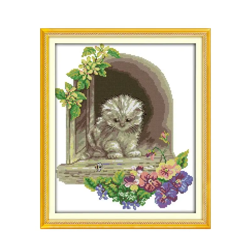 Котенок в окно Набор для вышивания крестиком 18ct 14ct 11ct граф Печатный холст для вышивки своими руками рукоделие
