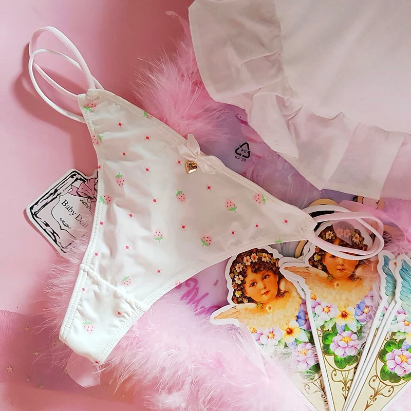 Сексуальные трусики стринги с низкой талией каваи Клубничка хлопок Лолита белое