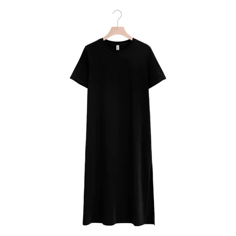 Elegante algodão vestido feminino casual solto manga curta dividir preto feminino sexy vestido longo para o ano novo 2022 vendas