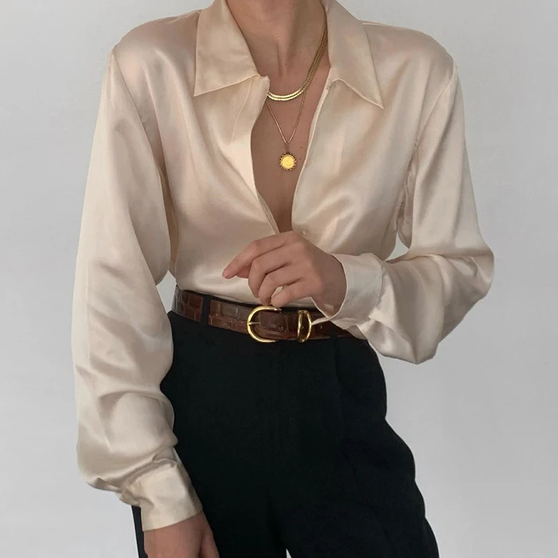 

Элегантные модные Атласные Рубашки hirigin, Осенние офисные Дамские топы с отложным воротником и пуговицами, повседневные женские облегающие ...