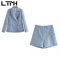 ltph office lady houndstooth women 2 pieces set double breasted blazer all match high waist shorts short suits 2021 spring new
