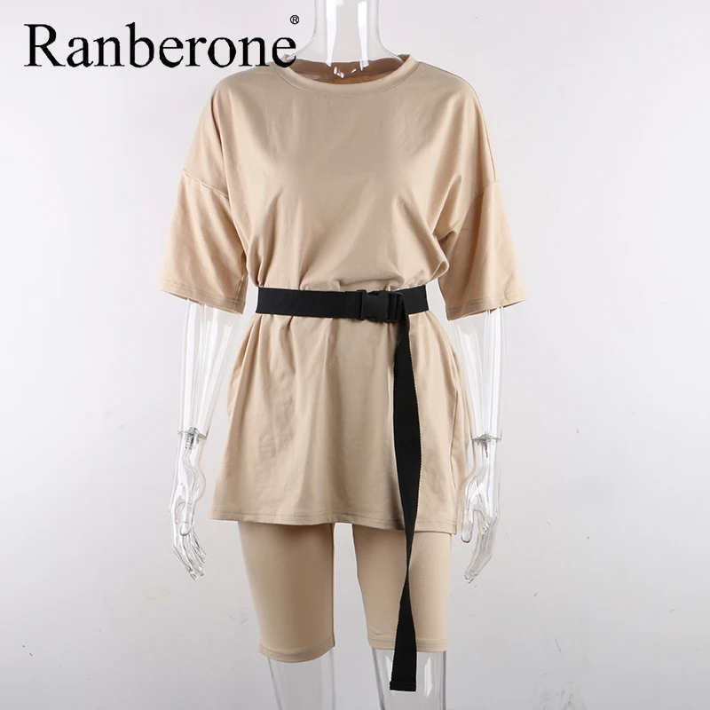 New Suit Women Sport Sexy Summer O Neck Short Sleeve Shirt Tops And Shorts Loose Fitness Suit Two Piece Sets Outfit With Belt